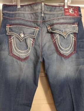 True Religion Blue Bootcut Jeans with Red Accent Stitching Men Jeans